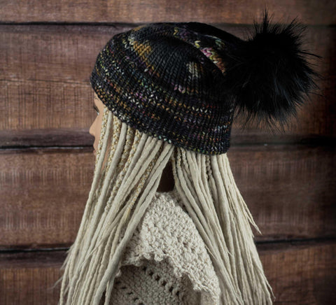 black merino wool beanie with pom pom wear with wool dreadlocks