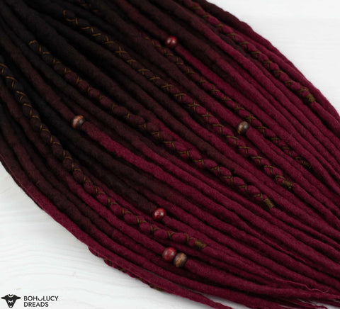 Wine ombre wool dreadlocks with coffee brown roots