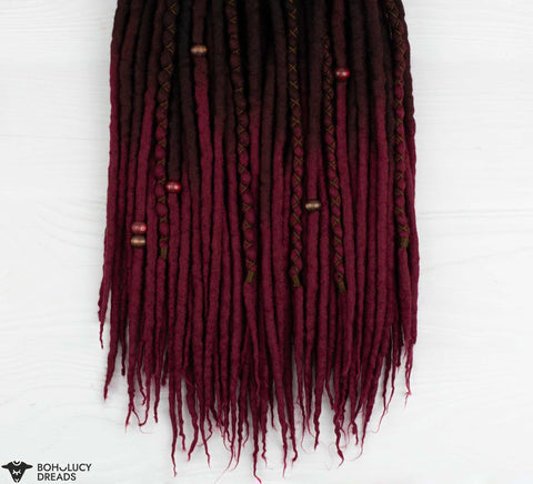 Wine ombre wool dreadlocks with coffee brown roots